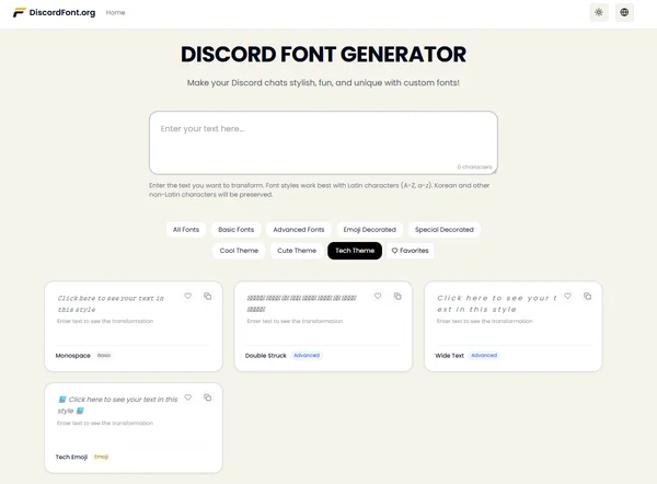 Interface of a Discord font generator for profile styling