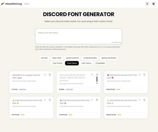 A user typing into a Discord font generator tool